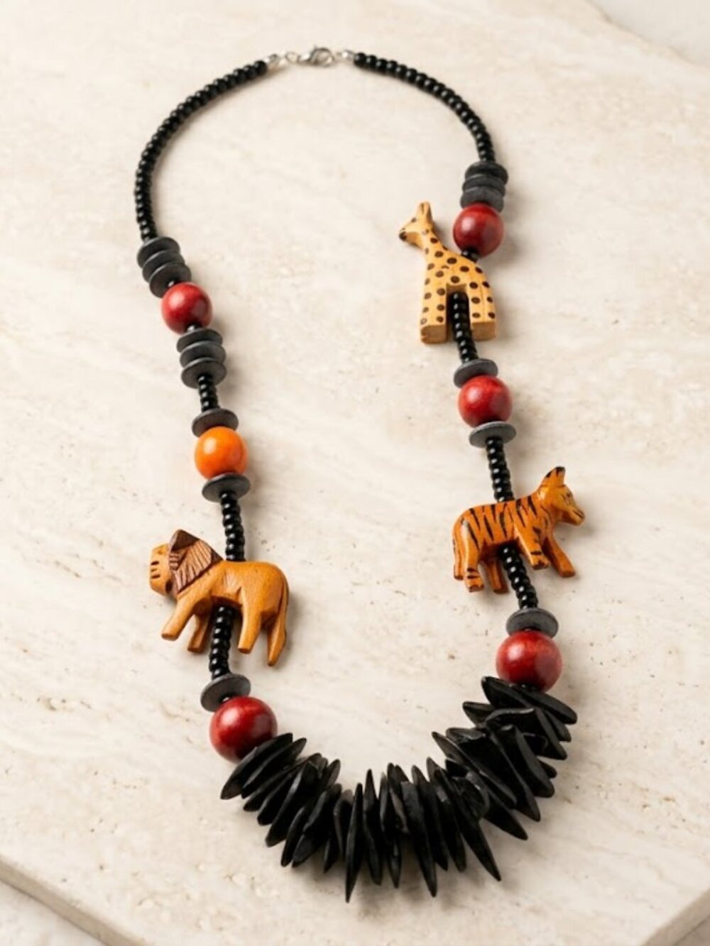 Wooden Animal Necklace with Black and Red accents